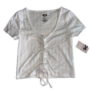 SO White Short-Sleeve Ruched Front Tie Top